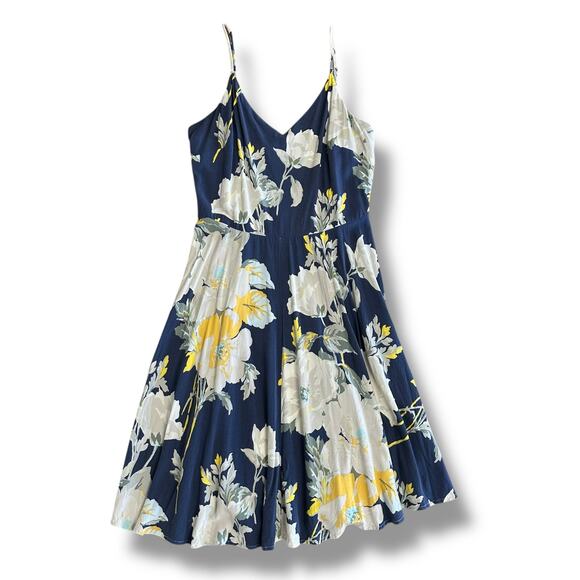 GAP Soft Fit & Flare Dress S Navy Floral Yellow Rayon Summer Spaghetti Strap - Picture 1 of 10